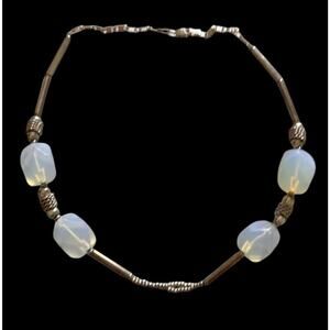 Sterling Silver Faceted Opalite Beaded Necklace Mexico Signed GAOI 18” 45g